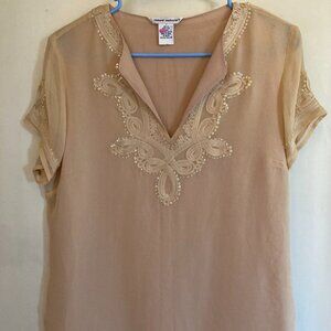 Richard Malcom 100% silk blouse beige ribbon and sequin detail MED